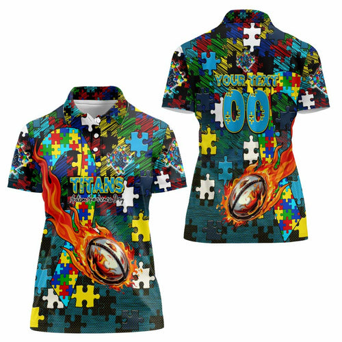 Titans Autism Awareness Women Polo Shirt Puzzle Flames Rugby Ball