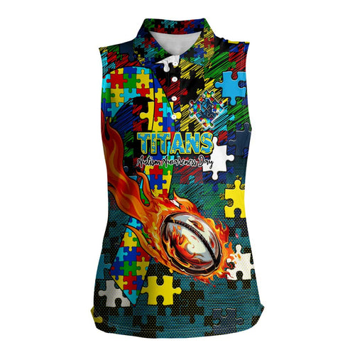 Titans Autism Awareness Women Sleeveless Polo Shirt Puzzle Flames Rugby Ball