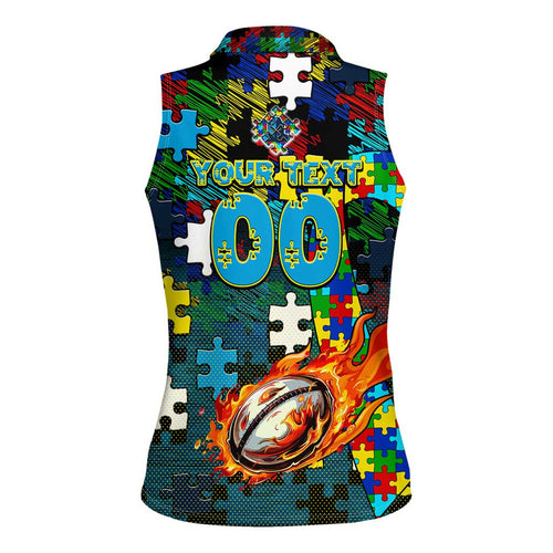 Titans Autism Awareness Women Sleeveless Polo Shirt Puzzle Flames Rugby Ball
