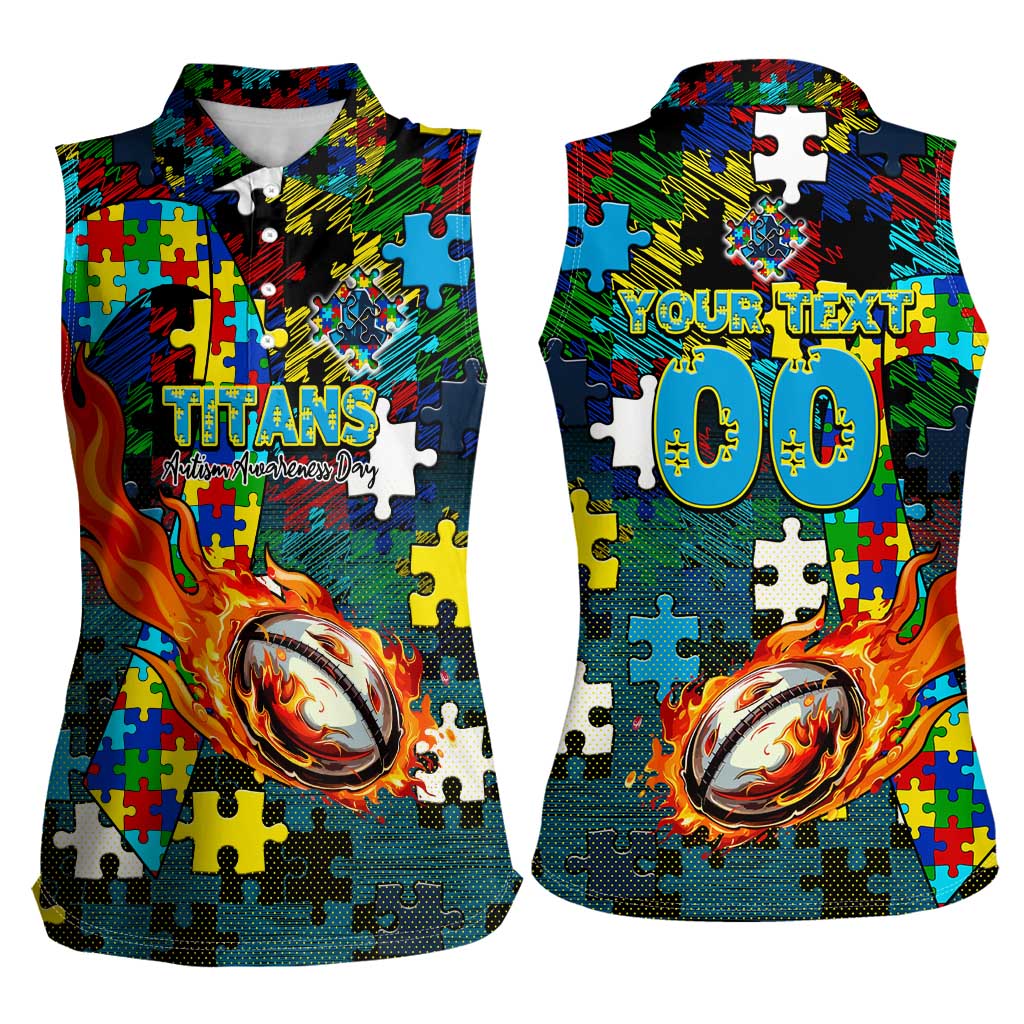 Titans Autism Awareness Women Sleeveless Polo Shirt Puzzle Flames Rugby Ball