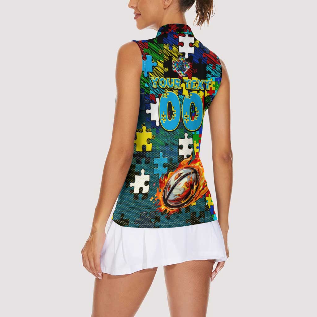 Titans Autism Awareness Women Sleeveless Polo Shirt Puzzle Flames Rugby Ball