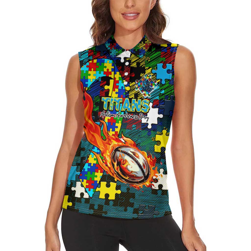 Titans Autism Awareness Women Sleeveless Polo Shirt Puzzle Flames Rugby Ball