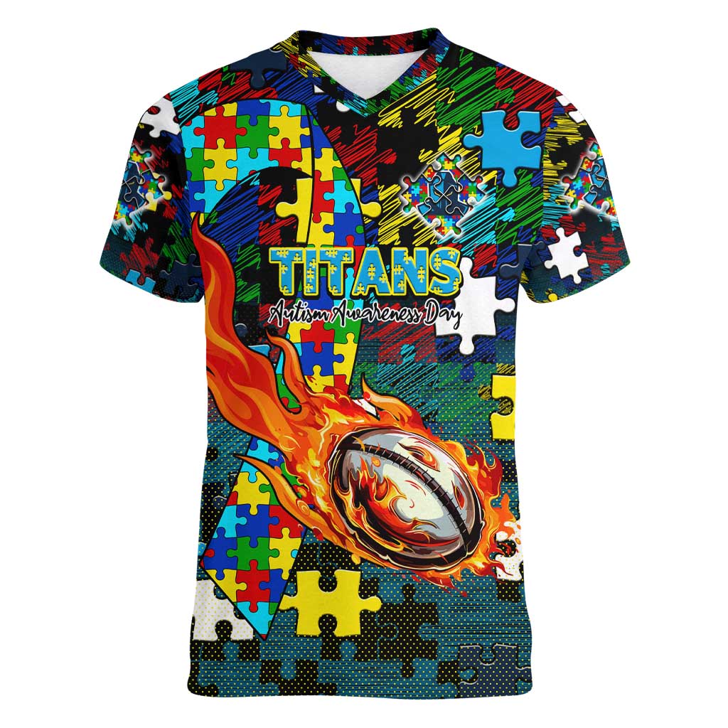 Titans Autism Awareness Women V-Neck T-Shirt Puzzle Flames Rugby Ball