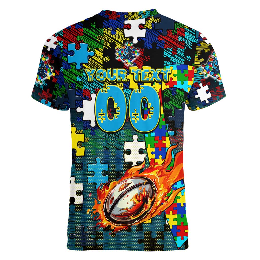 Titans Autism Awareness Women V-Neck T-Shirt Puzzle Flames Rugby Ball