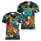 Titans Autism Awareness Women V-Neck T-Shirt Puzzle Flames Rugby Ball