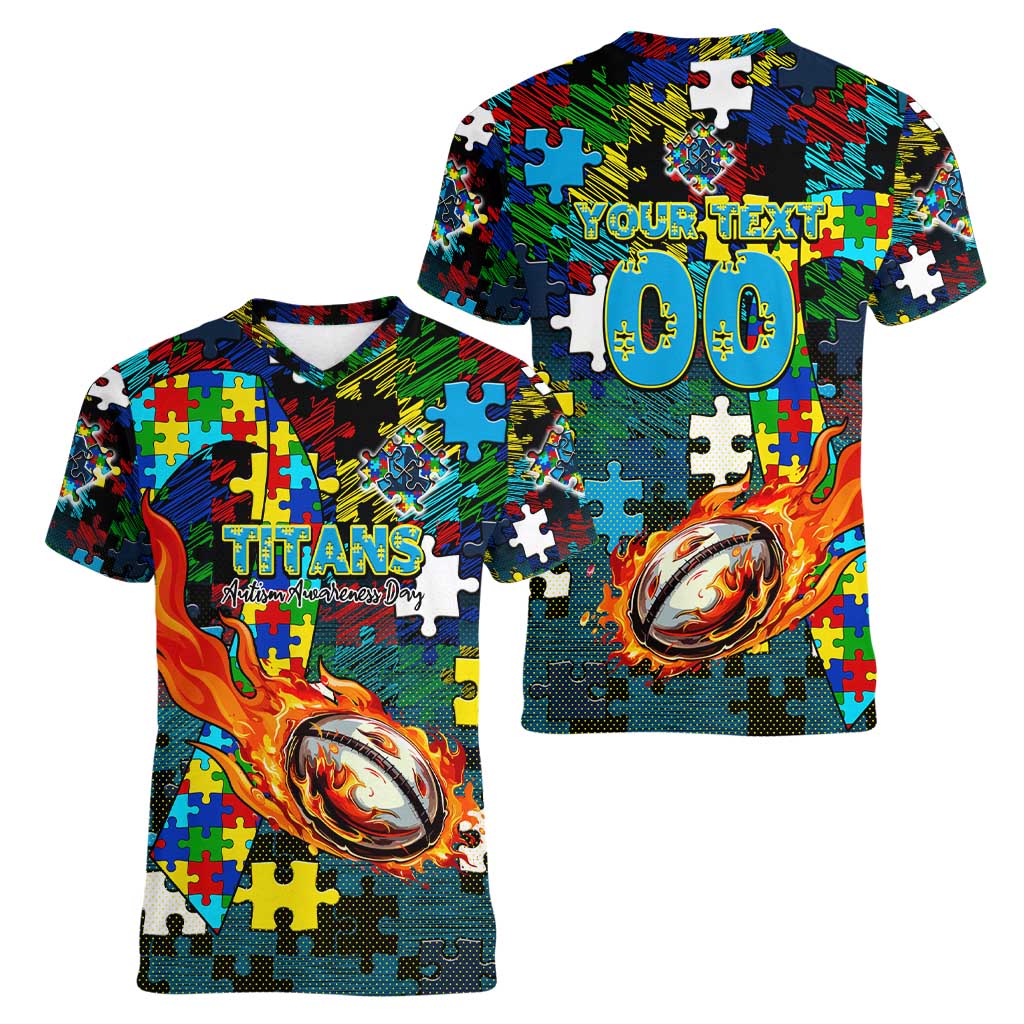 Titans Autism Awareness Women V-Neck T-Shirt Puzzle Flames Rugby Ball