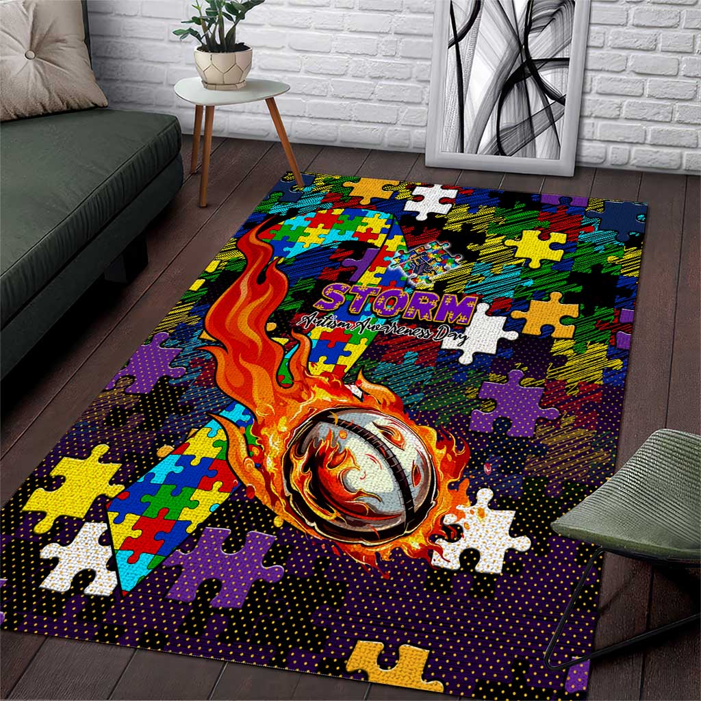 Storm Autism Awareness Area Rug Puzzle Flames Rugby Ball