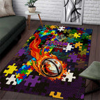 Storm Autism Awareness Area Rug Puzzle Flames Rugby Ball