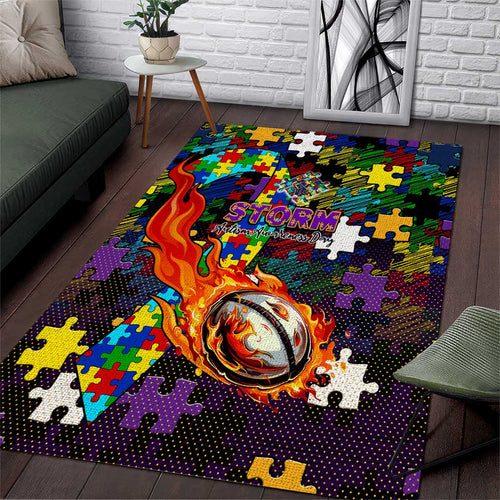 Storm Autism Awareness Area Rug Puzzle Flames Rugby Ball