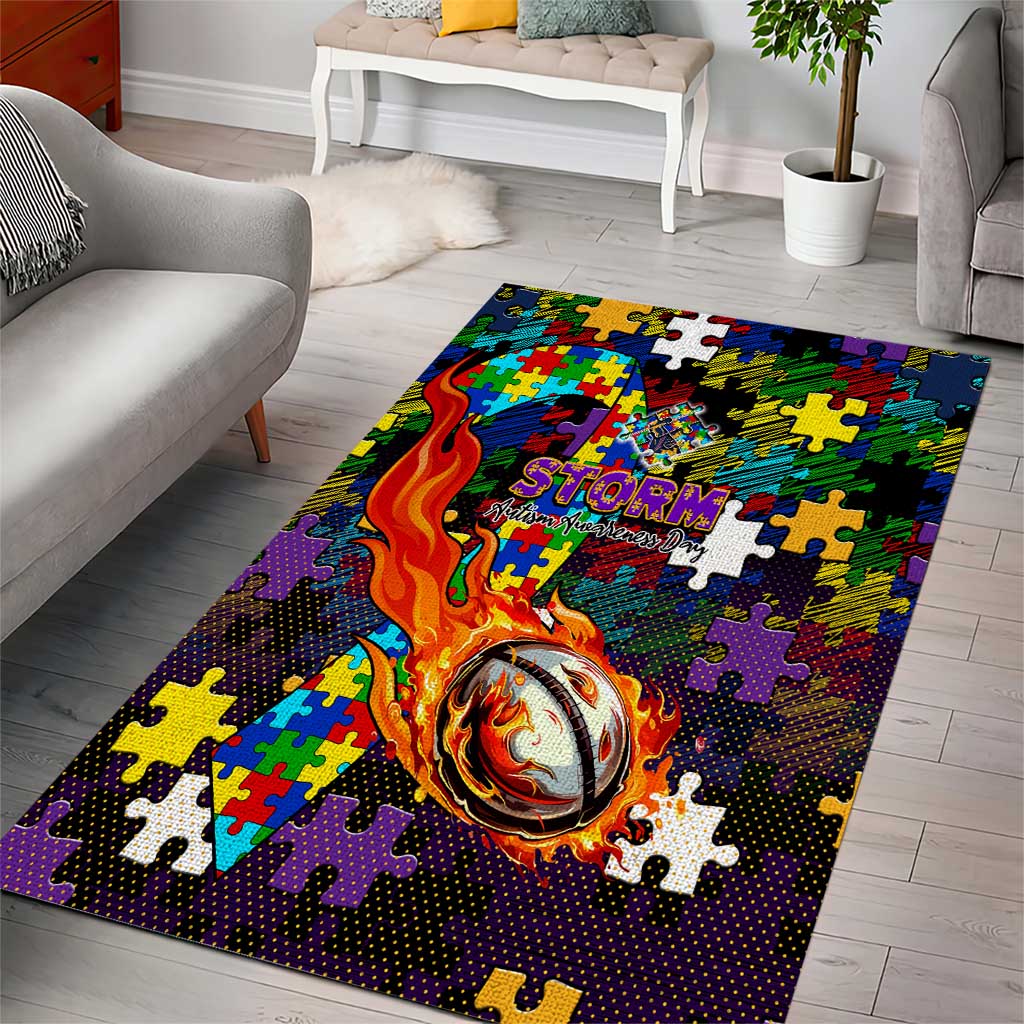 Storm Autism Awareness Area Rug Puzzle Flames Rugby Ball