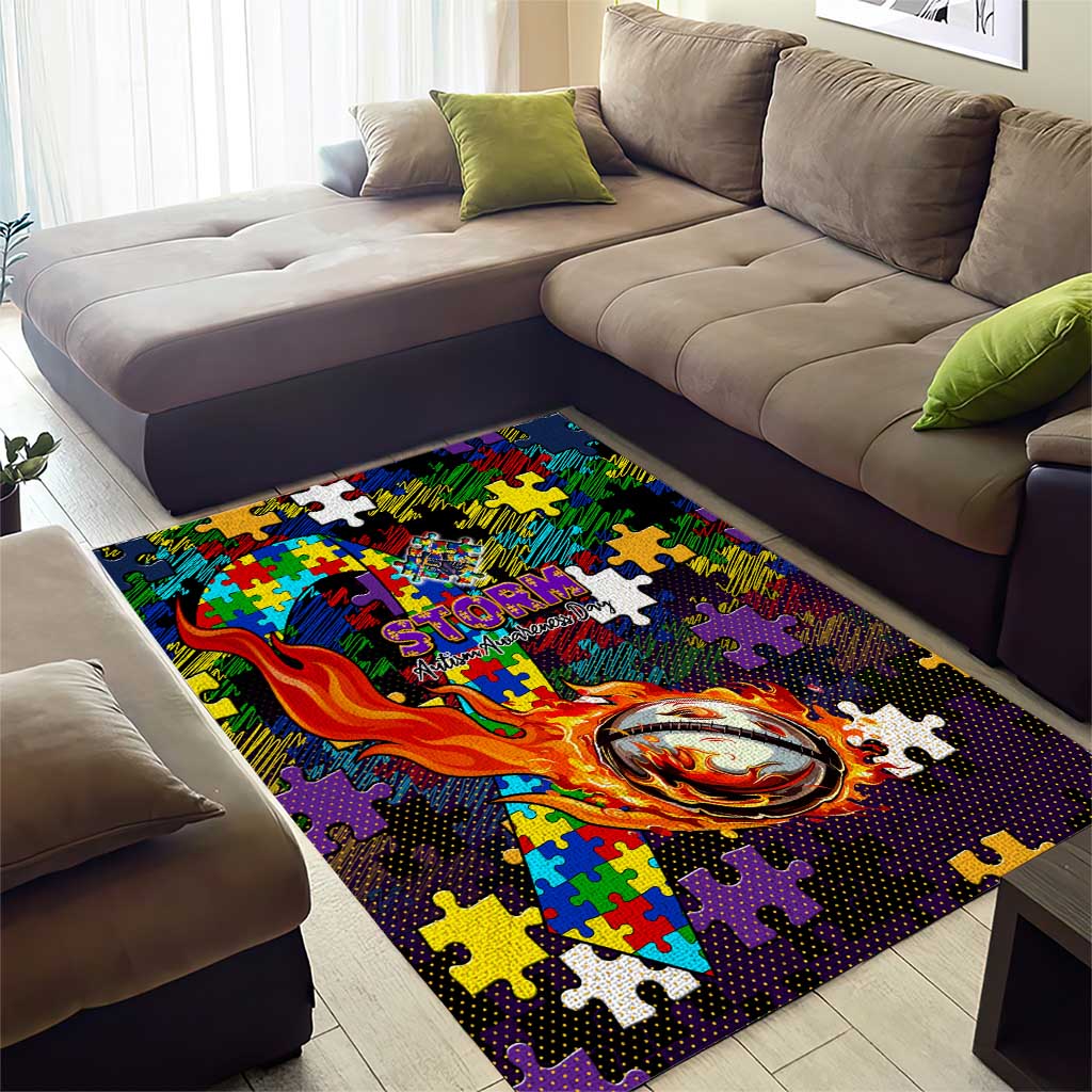 Storm Autism Awareness Area Rug Puzzle Flames Rugby Ball