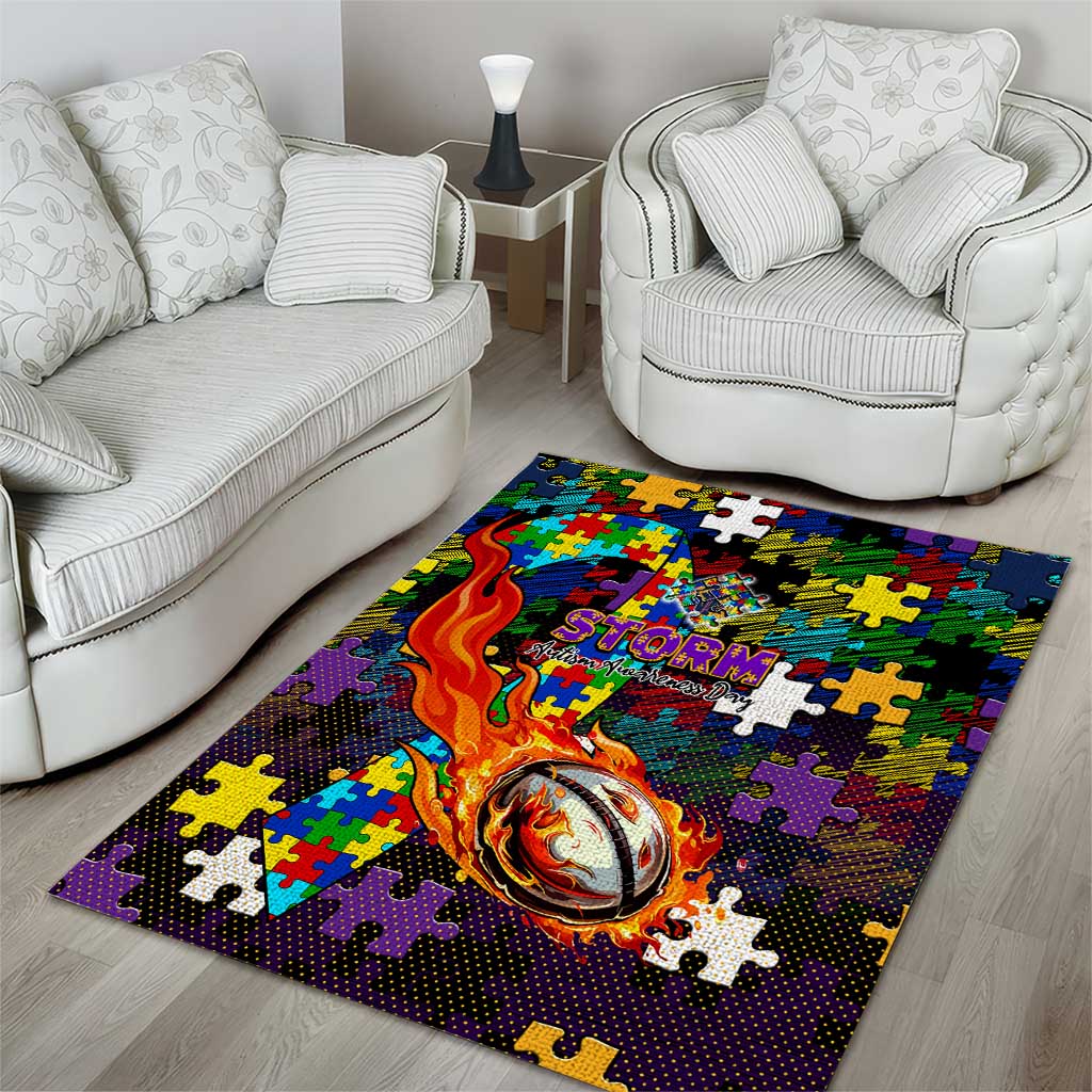 Storm Autism Awareness Area Rug Puzzle Flames Rugby Ball
