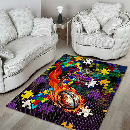 Storm Autism Awareness Area Rug Puzzle Flames Rugby Ball