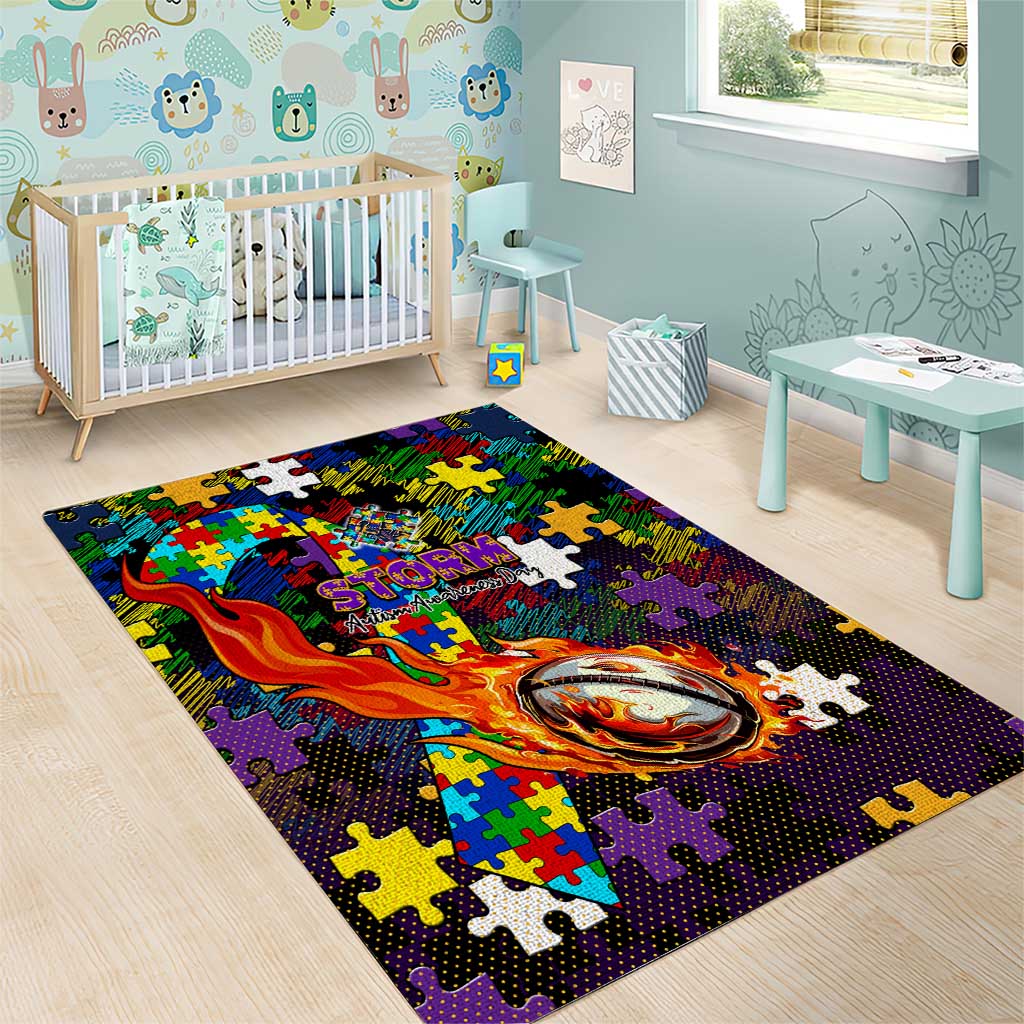 Storm Autism Awareness Area Rug Puzzle Flames Rugby Ball