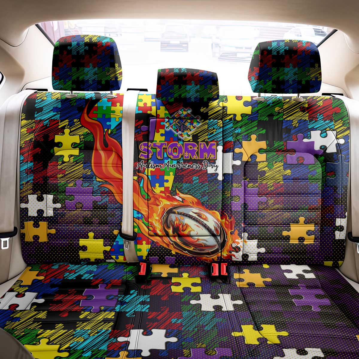 Storm Autism Awareness Back Car Seat Cover Puzzle Flames Rugby Ball