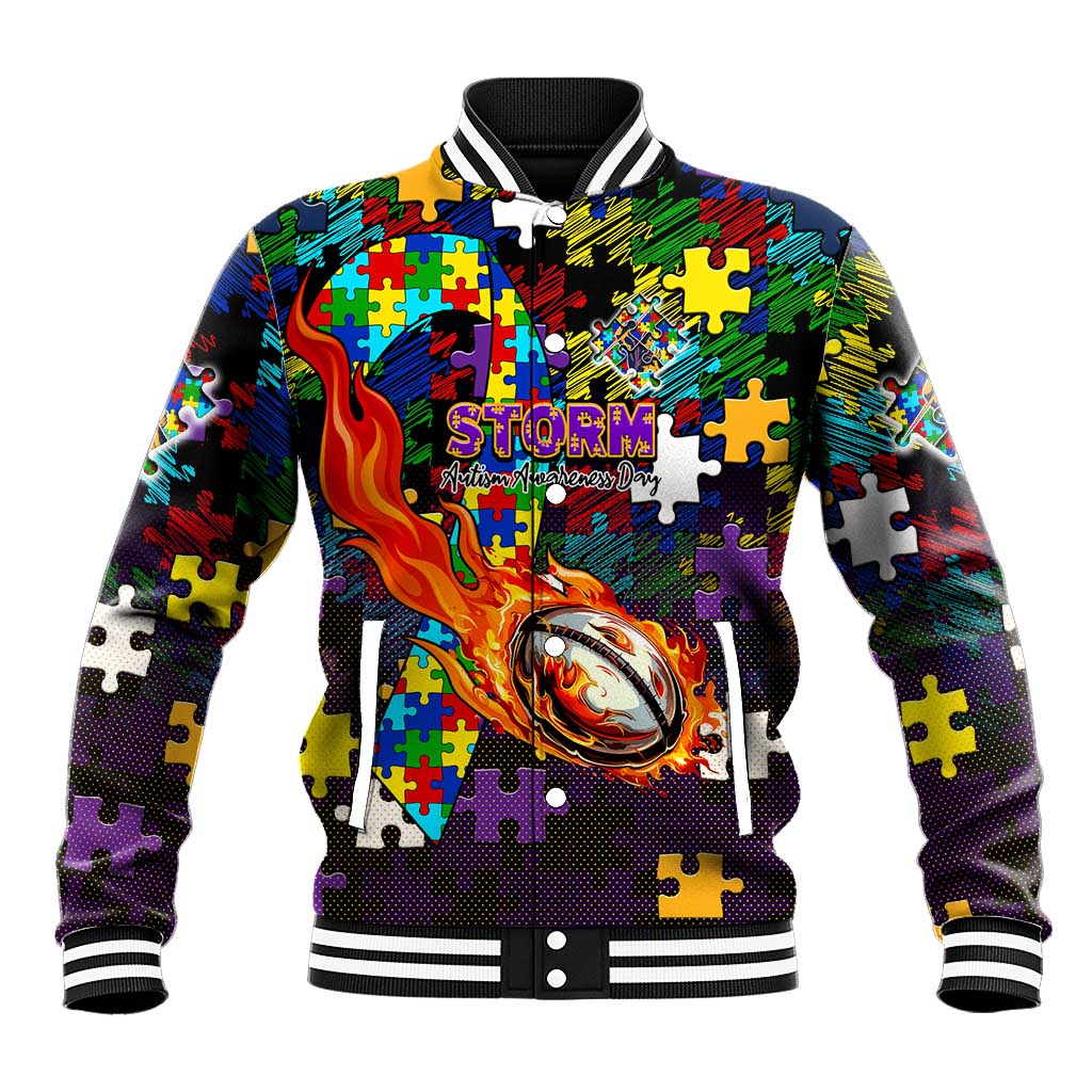 Storm Autism Awareness Baseball Jacket Puzzle Flames Rugby Ball