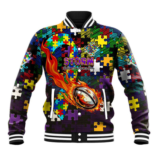 Storm Autism Awareness Baseball Jacket Puzzle Flames Rugby Ball
