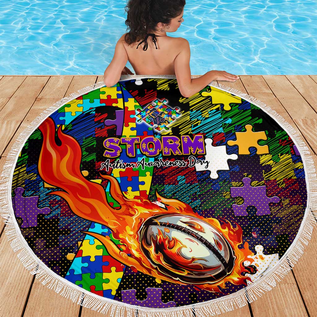 Storm Autism Awareness Beach Blanket Puzzle Flames Rugby Ball