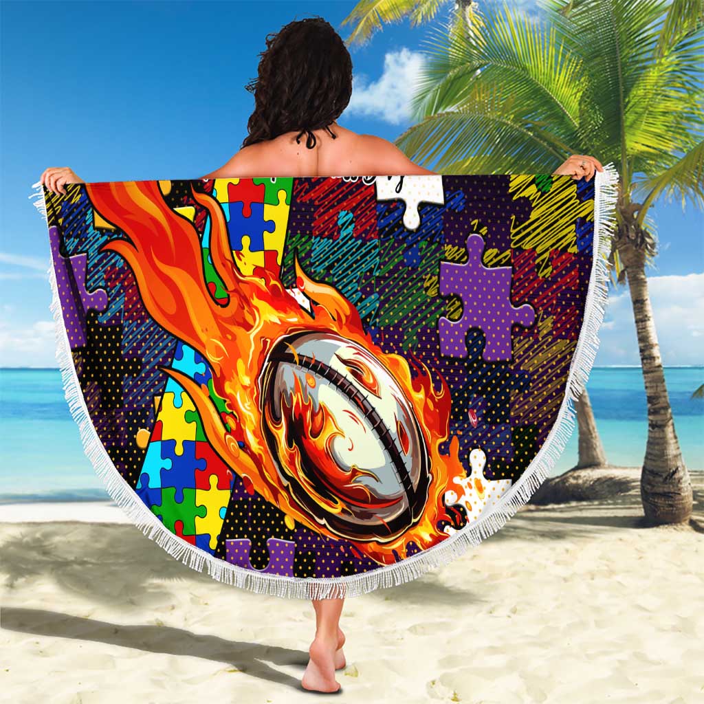 Storm Autism Awareness Beach Blanket Puzzle Flames Rugby Ball