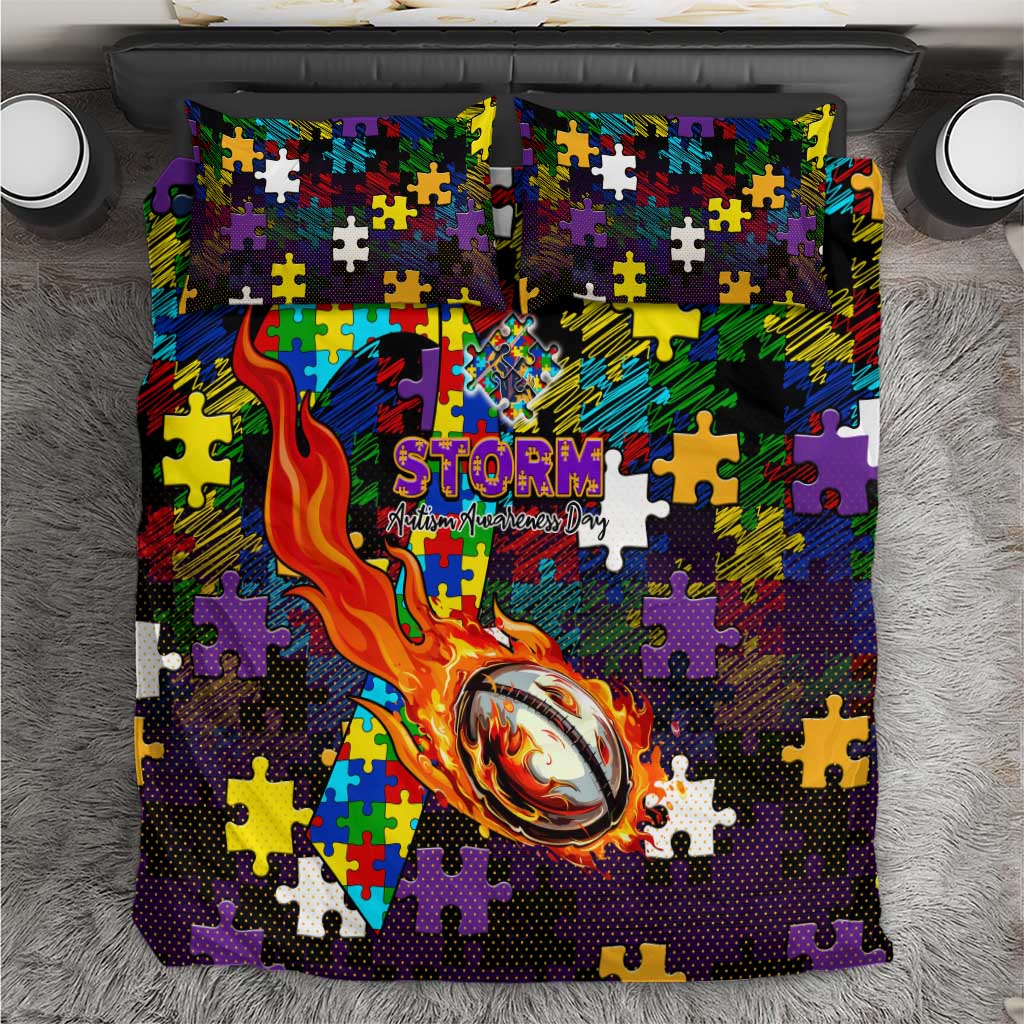 Storm Autism Awareness Bedding Set Puzzle Flames Rugby Ball