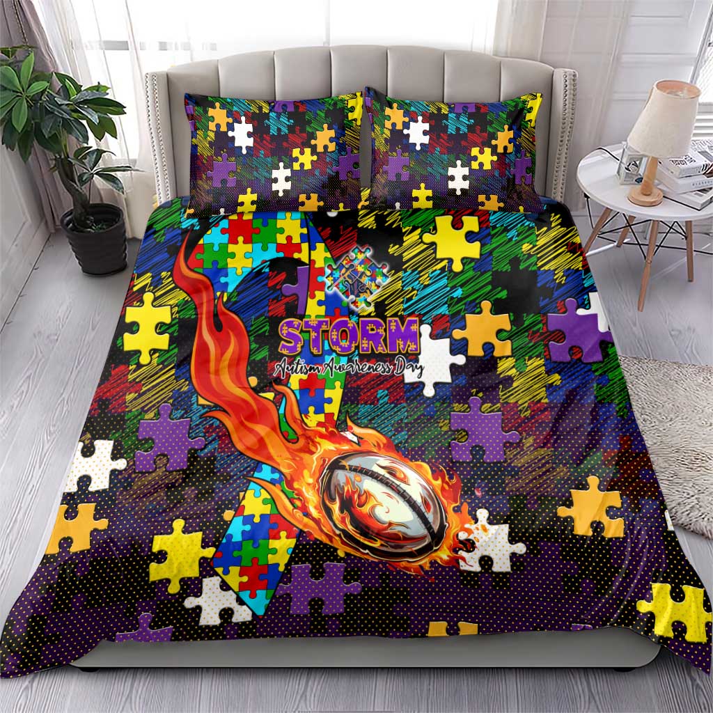 Storm Autism Awareness Bedding Set Puzzle Flames Rugby Ball