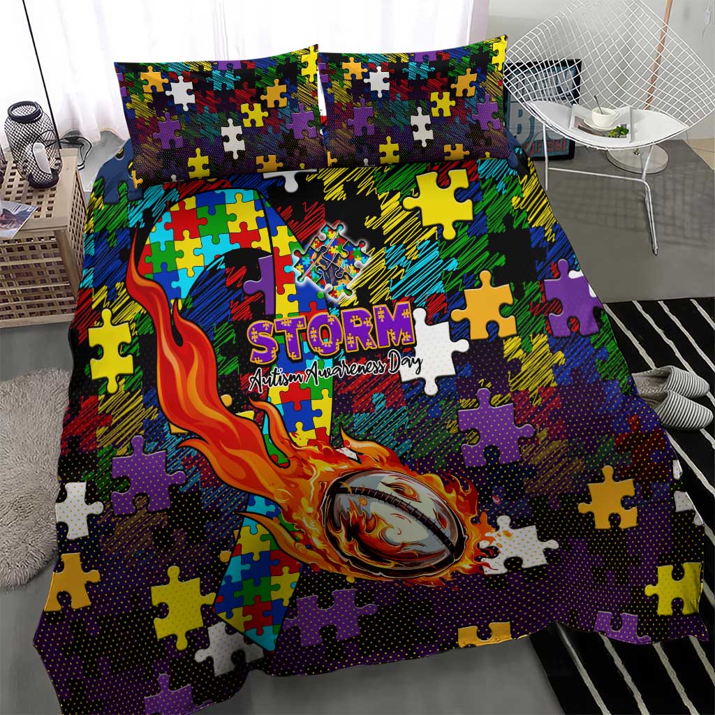Storm Autism Awareness Bedding Set Puzzle Flames Rugby Ball