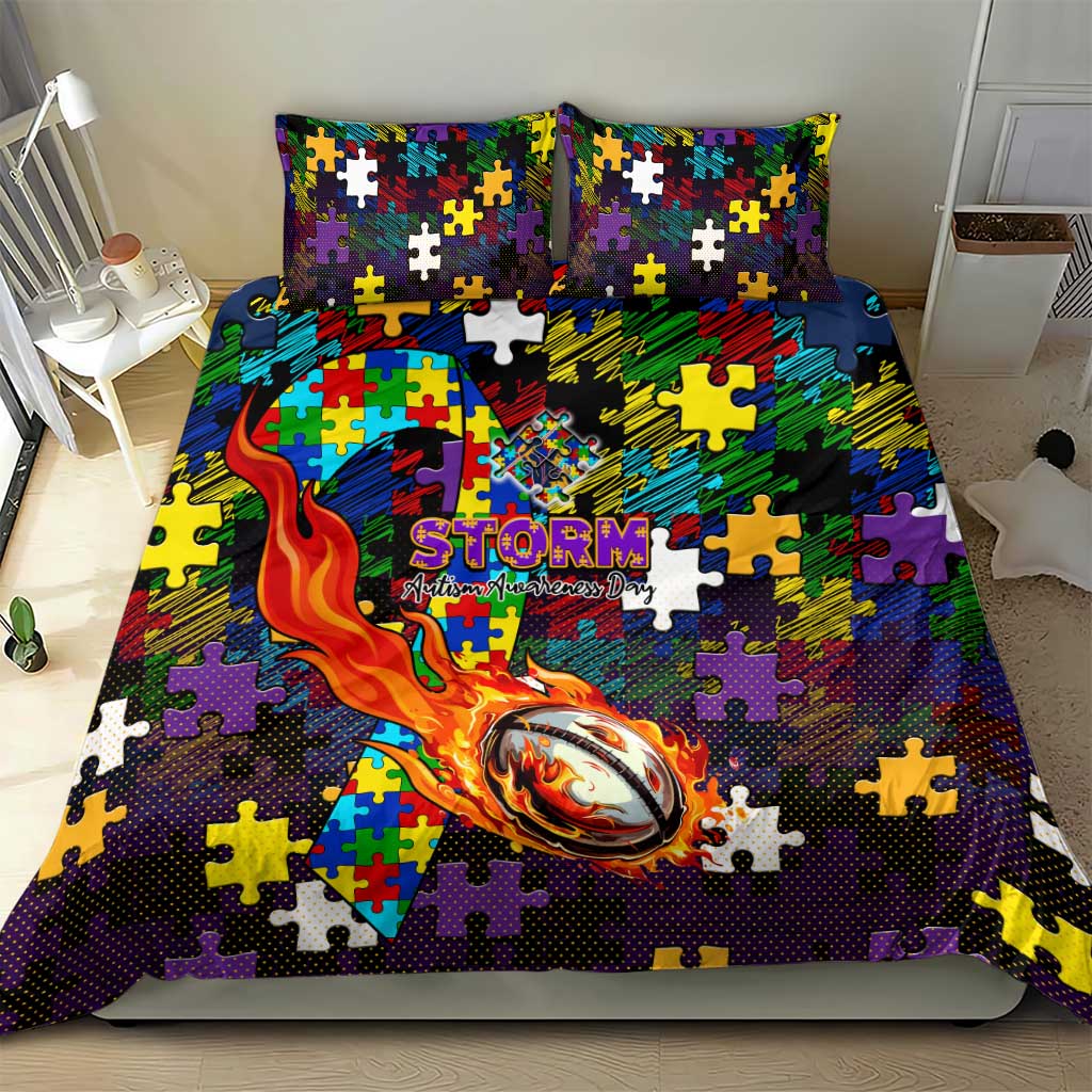 Storm Autism Awareness Bedding Set Puzzle Flames Rugby Ball