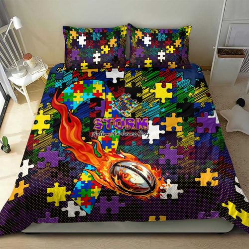 Storm Autism Awareness Bedding Set Puzzle Flames Rugby Ball