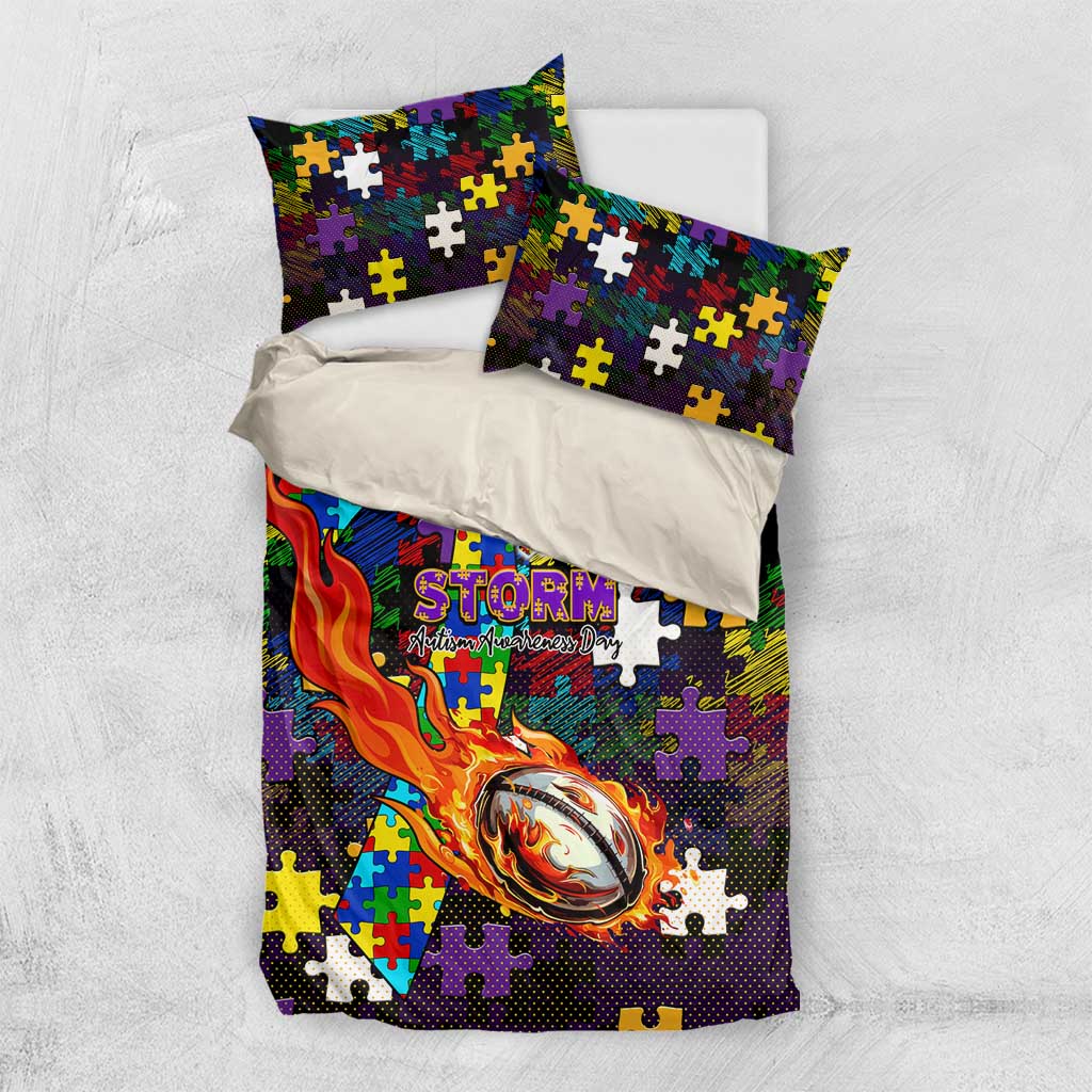 Storm Autism Awareness Bedding Set Puzzle Flames Rugby Ball
