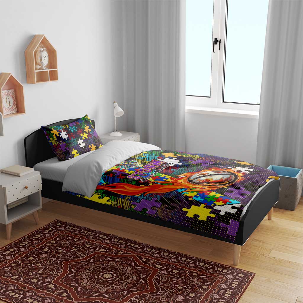 Storm Autism Awareness Bedding Set Puzzle Flames Rugby Ball