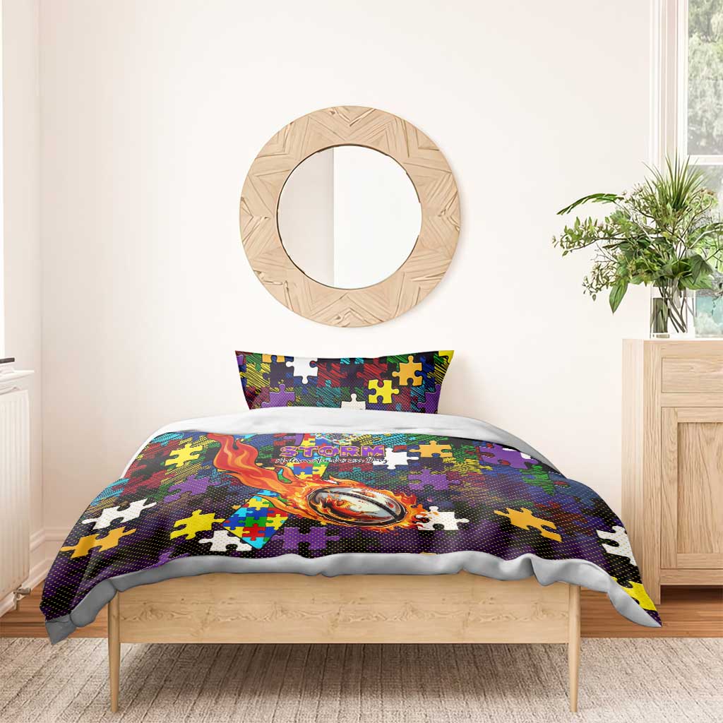 Storm Autism Awareness Bedding Set Puzzle Flames Rugby Ball