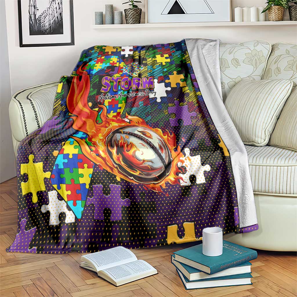 Storm Autism Awareness Blanket Puzzle Flames Rugby Ball