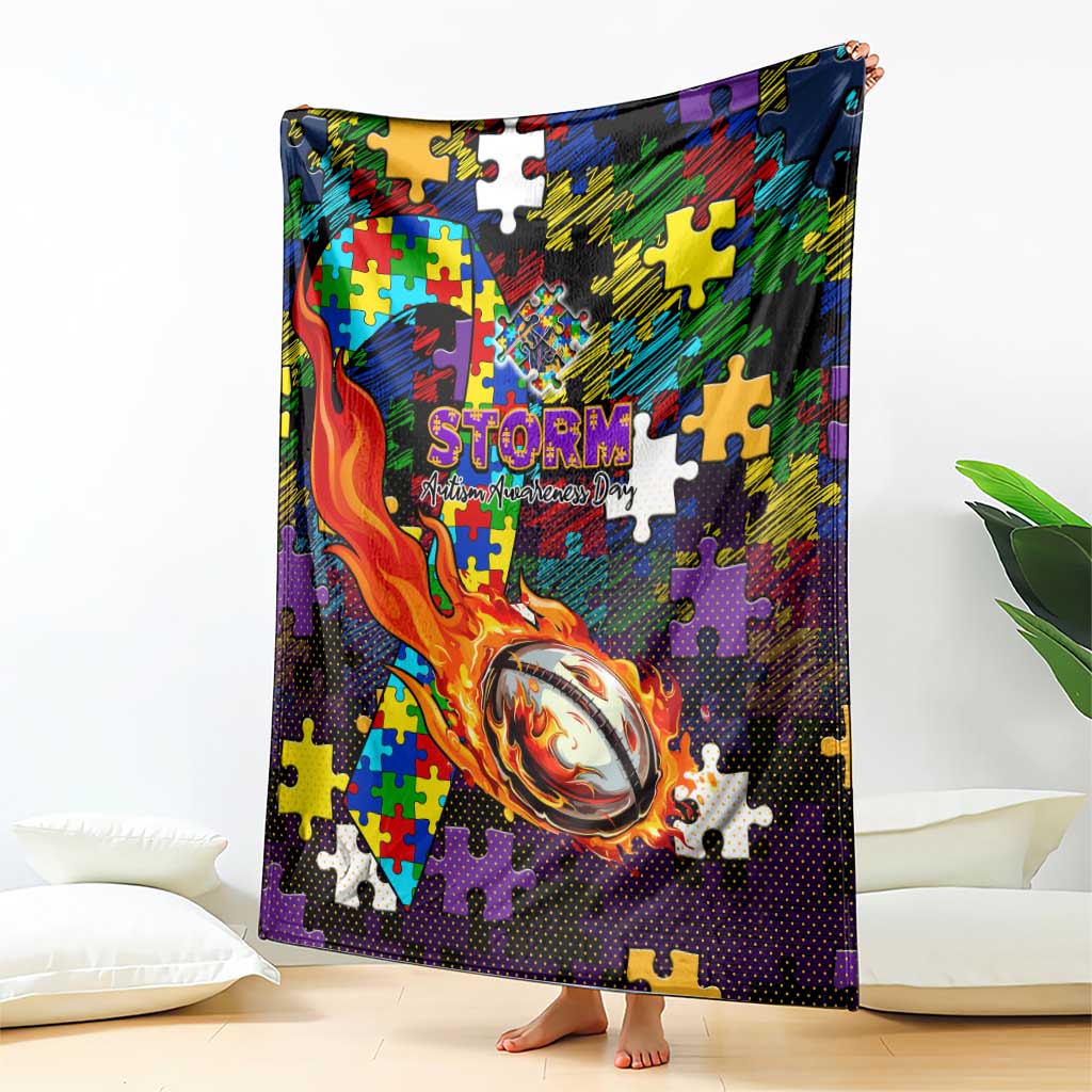 Storm Autism Awareness Blanket Puzzle Flames Rugby Ball