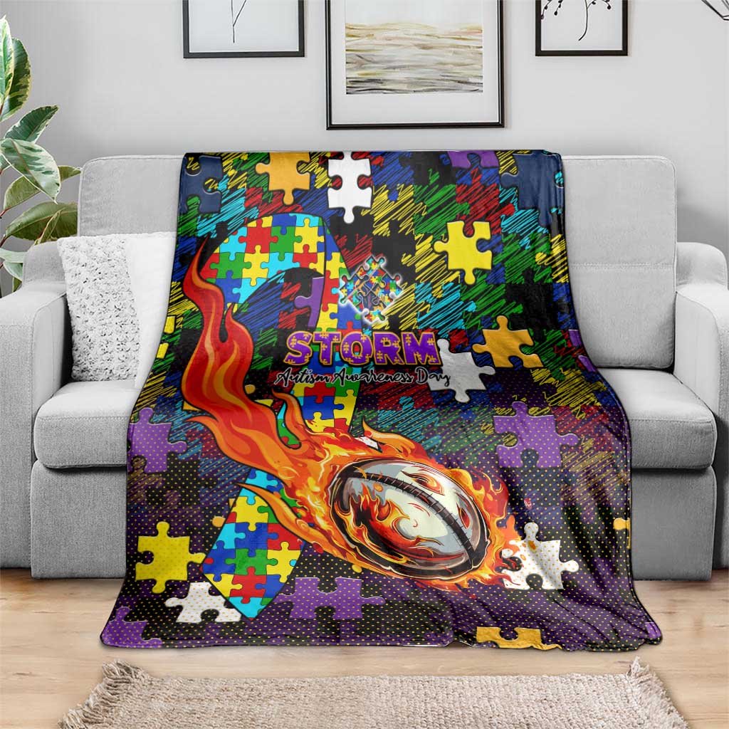 Storm Autism Awareness Blanket Puzzle Flames Rugby Ball