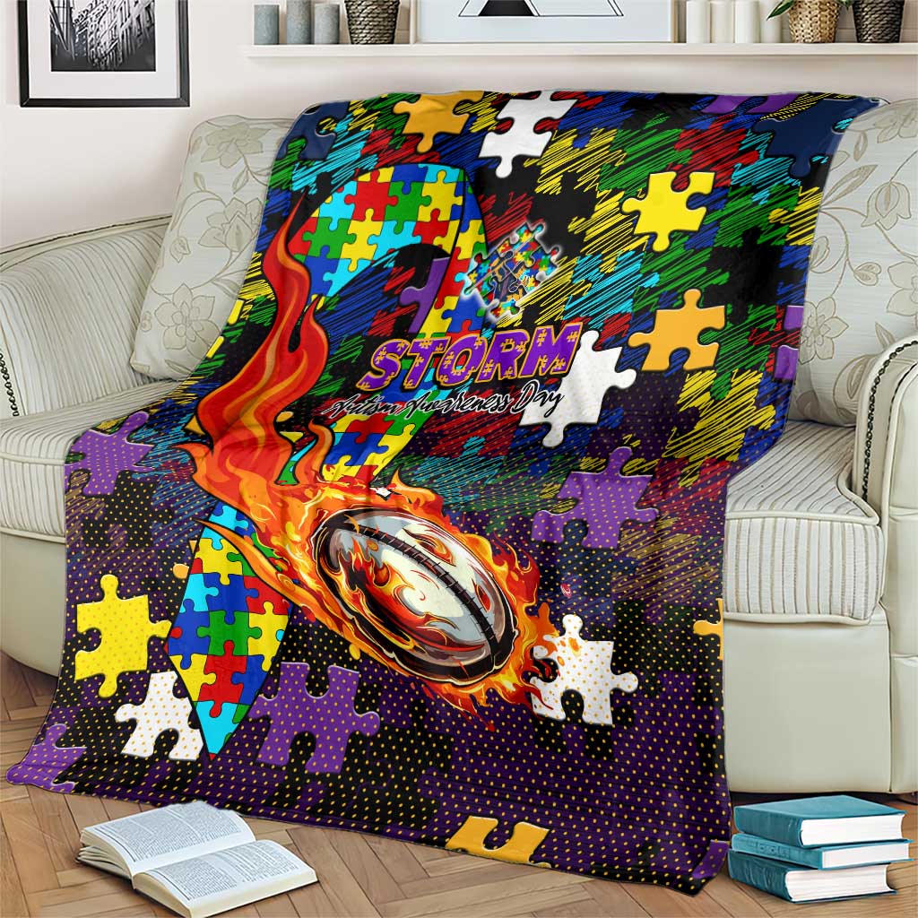 Storm Autism Awareness Blanket Puzzle Flames Rugby Ball
