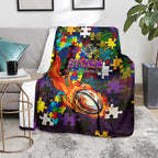 Storm Autism Awareness Blanket Puzzle Flames Rugby Ball
