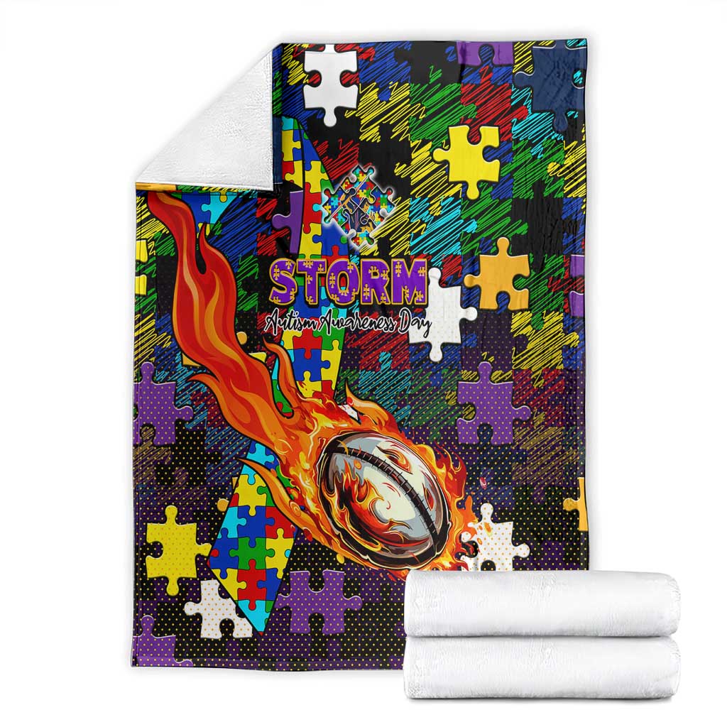 Storm Autism Awareness Blanket Puzzle Flames Rugby Ball