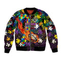 Storm Autism Awareness Bomber Jacket Puzzle Flames Rugby Ball