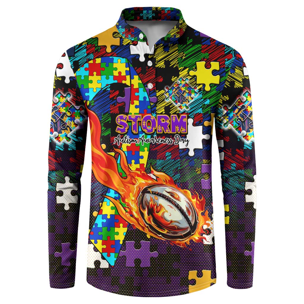 Storm Autism Awareness Button Sweatshirt Puzzle Flames Rugby Ball