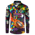 Storm Autism Awareness Button Sweatshirt Puzzle Flames Rugby Ball