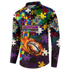 Storm Autism Awareness Button Sweatshirt Puzzle Flames Rugby Ball