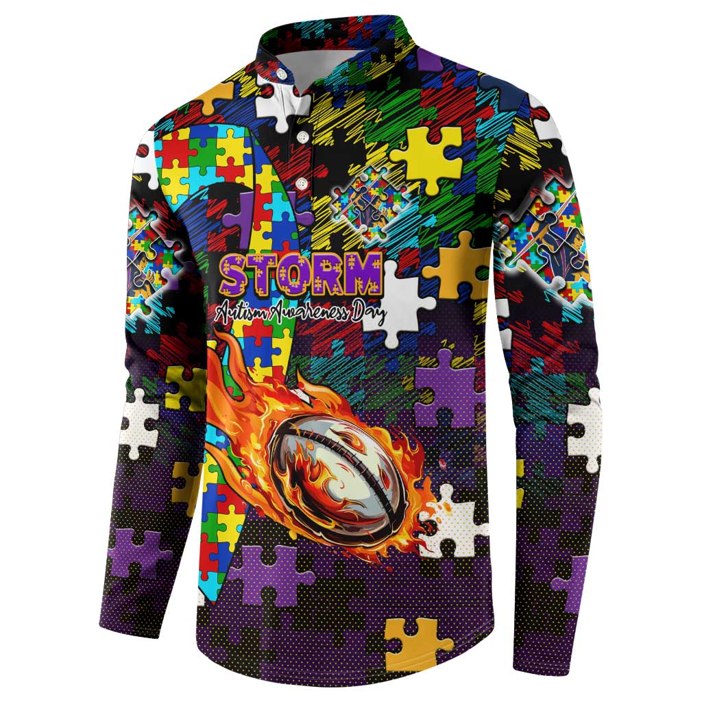 Storm Autism Awareness Button Sweatshirt Puzzle Flames Rugby Ball