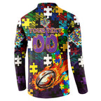 Storm Autism Awareness Button Sweatshirt Puzzle Flames Rugby Ball