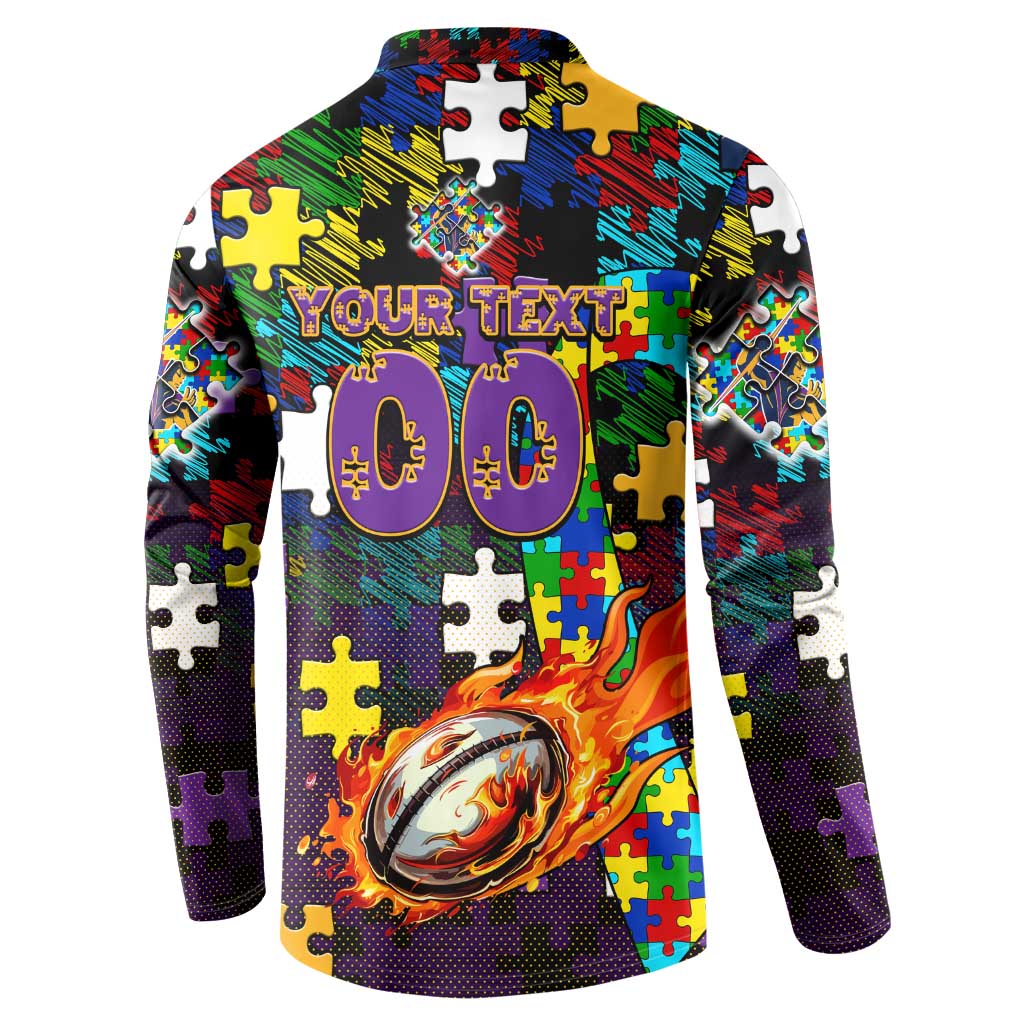Storm Autism Awareness Button Sweatshirt Puzzle Flames Rugby Ball