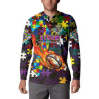 Storm Autism Awareness Button Sweatshirt Puzzle Flames Rugby Ball