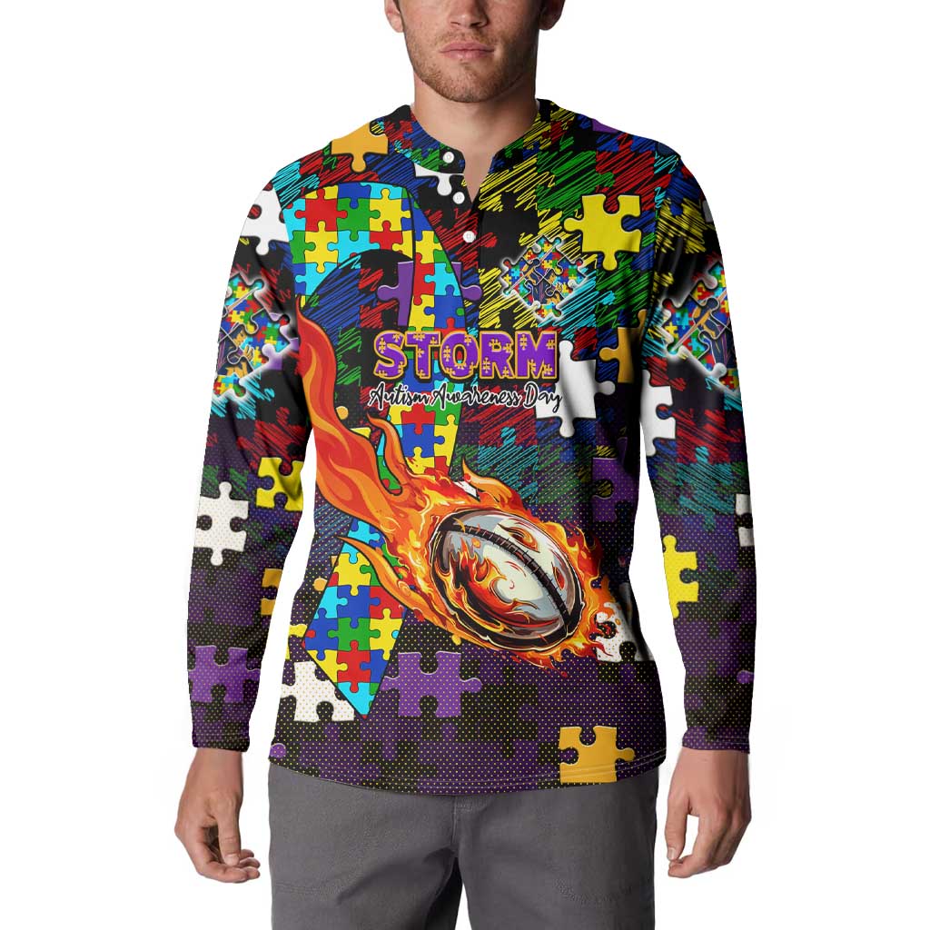 Storm Autism Awareness Button Sweatshirt Puzzle Flames Rugby Ball