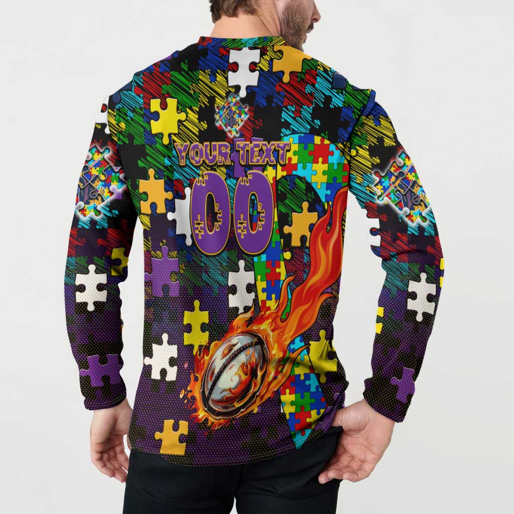 Storm Autism Awareness Button Sweatshirt Puzzle Flames Rugby Ball