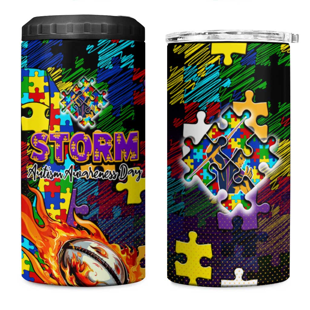Storm Autism Awareness 4 in 1 Can Cooler Tumbler Puzzle Flames Rugby Ball