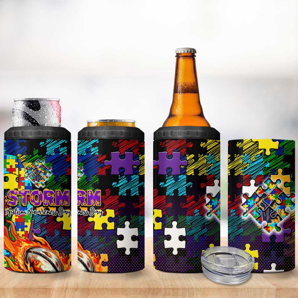 Storm Autism Awareness 4 in 1 Can Cooler Tumbler Puzzle Flames Rugby Ball