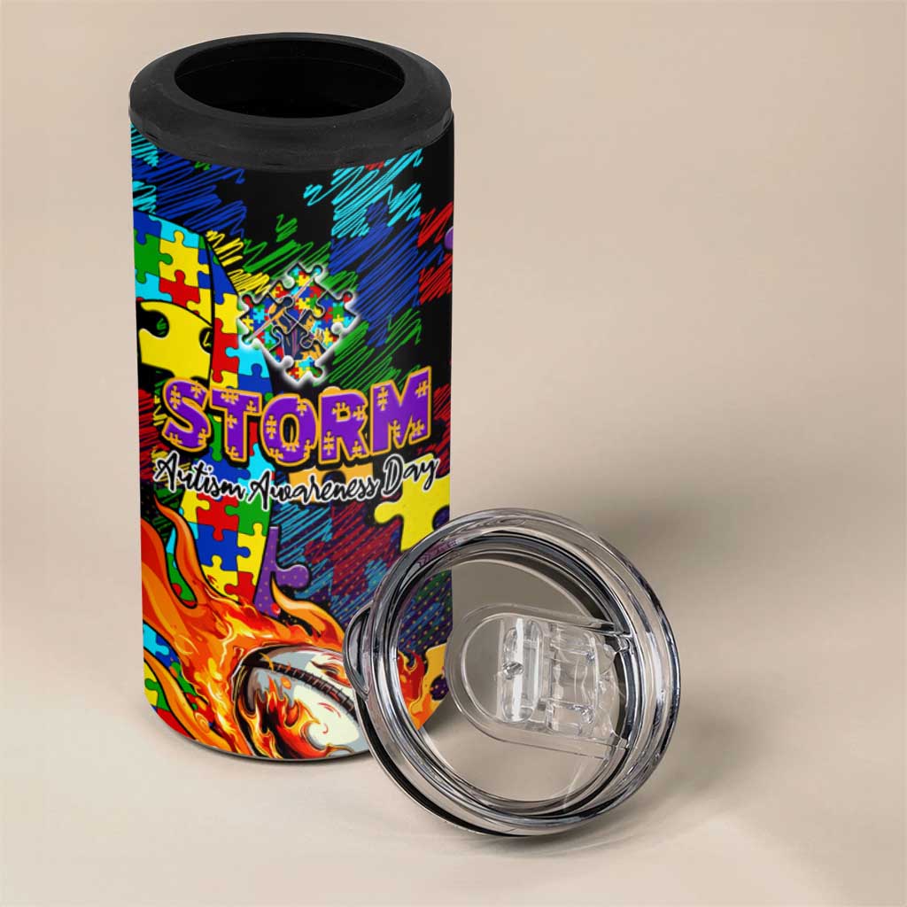 Storm Autism Awareness 4 in 1 Can Cooler Tumbler Puzzle Flames Rugby Ball